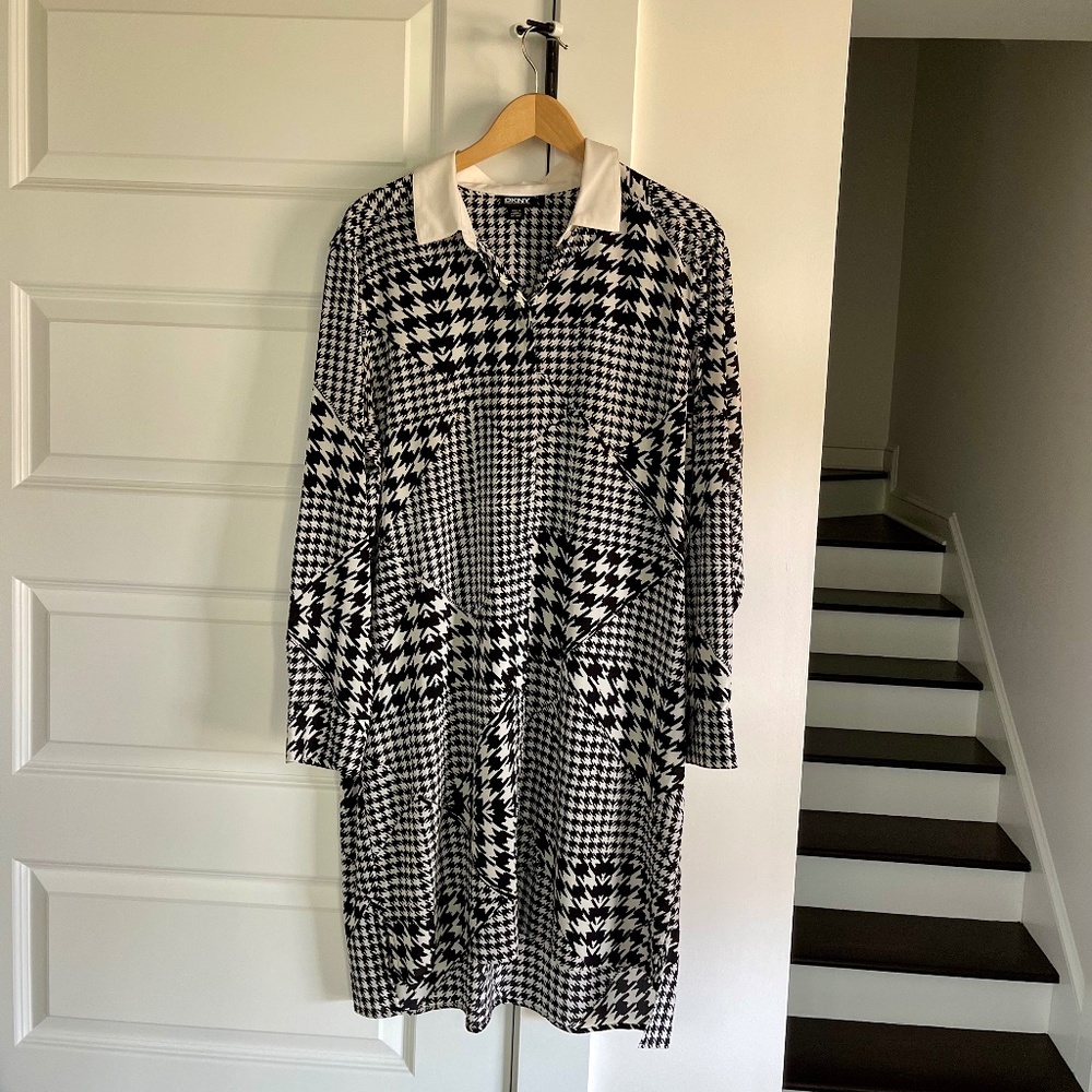 SALE! DKNY Shirt-Dress Black & White Houndstooth Pattern, Silk: Size L